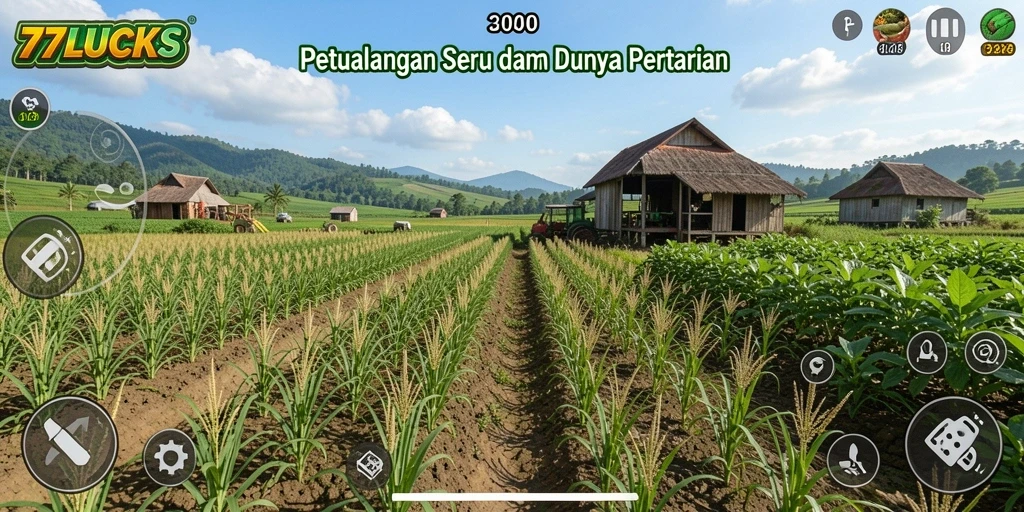 Screenshot menunjukkan aktivitas bertani di <strong>77LUCKS</strong> dengan tanaman hijau yang subur.