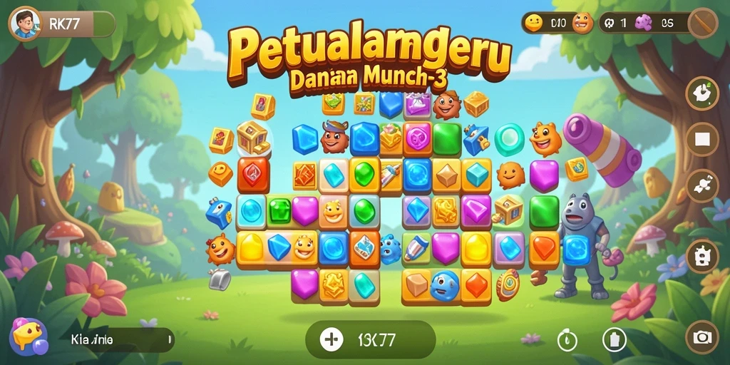 Screenshot utama RK77 menunjukkan aksi mencocokkan objek warna-warni dalam gameplay yang seru.