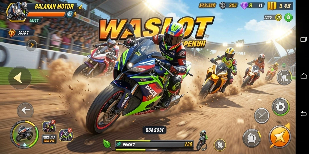 Tampilan gameplay WASLOT menampilkan balapan motor yang mengasyikkan dan seru.
